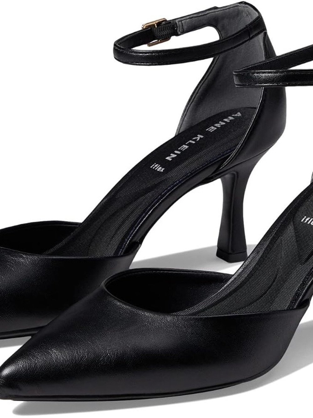 Anne Klein Rhode Black Pointed-Toe Ankle-Strap Mid Heels
